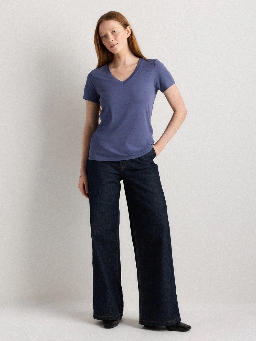 Quince Cotton Modal V-Neck Tee - Stormy Blue, Size XL